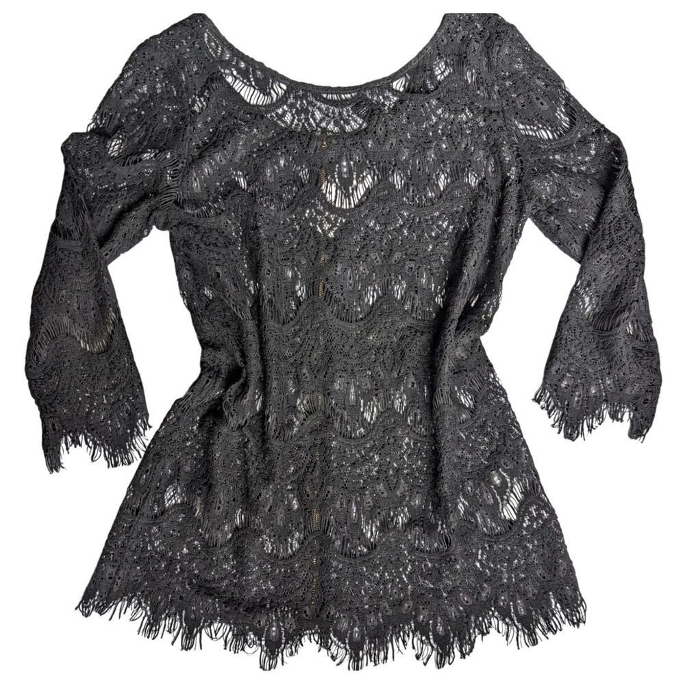 Forever21 Black Lace Macrame Crochet Top Sz M Boho Goth Fringe Whimsygoth Witchy
